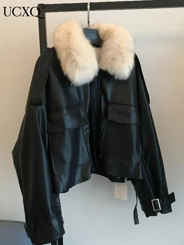 UCXQ Winter Plush Thickened Leather Coat For Women Detachable Faux Fur Collar Outwears Warm Jacket 2024 Autumn Winter New
