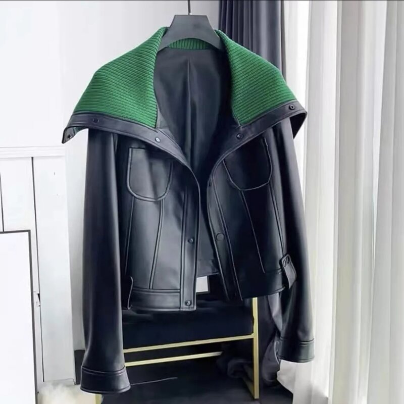 Autumn Winter 2023 New Vintage Light Luxury Leather Jacket Women Outwear Loose Lapel Stitching Motor Vehicle Clothing Short Coat
