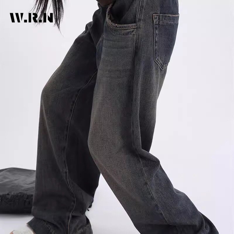 Calça de perna larga vaqueiro vintage série escura feminina, design de cintura alta, calça jeans reta folgada, moda coreana, primavera, verão, 2022