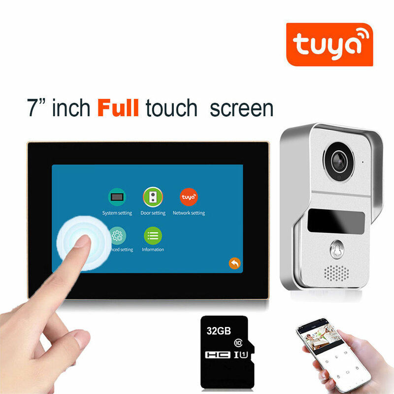 7 Inch Touchscreen Monitor Draadloze Wifi Smart Video Deurtelefoon Intercom Systeem Deurbel Camera Met 1080P Bedrade Deurbel Tuya