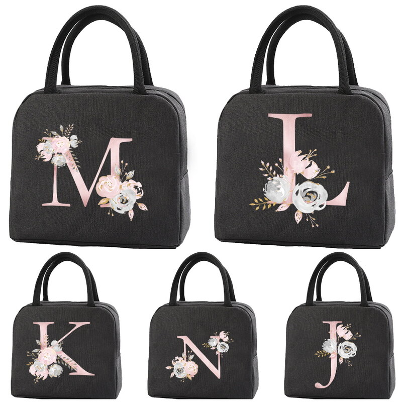 ピンクの花のレタリングが印刷された,ピクニック用の等温キャンバスバッグ