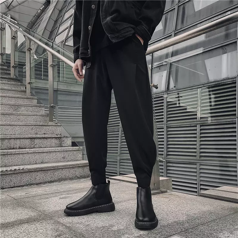Celana panjang lurus longgar pinggang tinggi pria, celana panjang hitam Mode Korea musim semi musim gugur kasual besar untuk pria