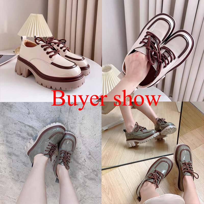 JMPRS British Style Chunky Platform Pumps Women 2023 Spring Lace Up Thick Heels Loafers Woman Round Toe Patent Leather Shoes