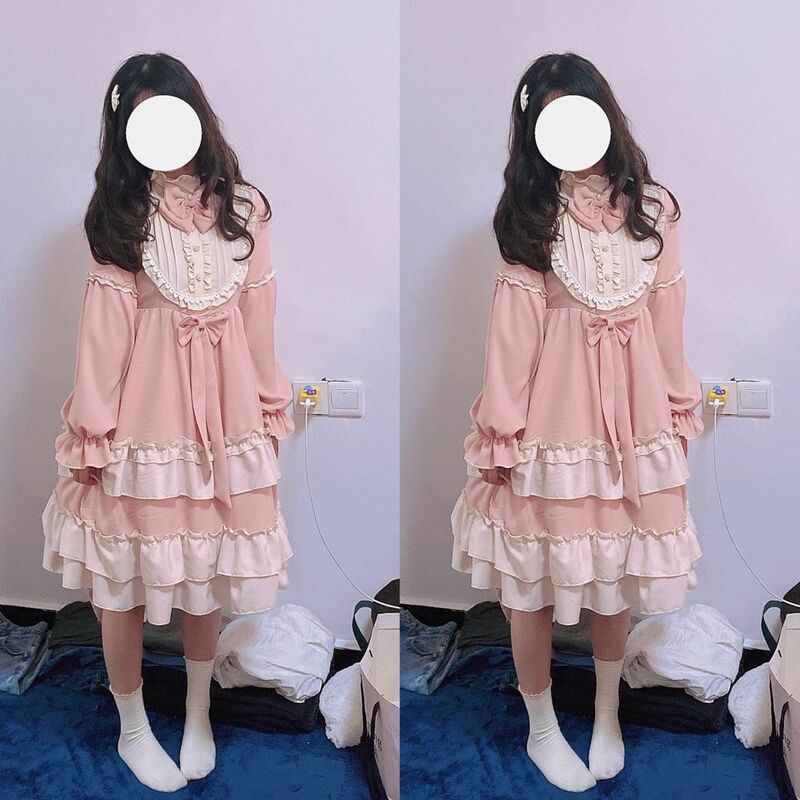 Japanese Kawaii Lolita OP Long Sleeve Dress Women Sweetheart Pink Print Party Mini Princess Dresses Harajuku Y2k Dresses