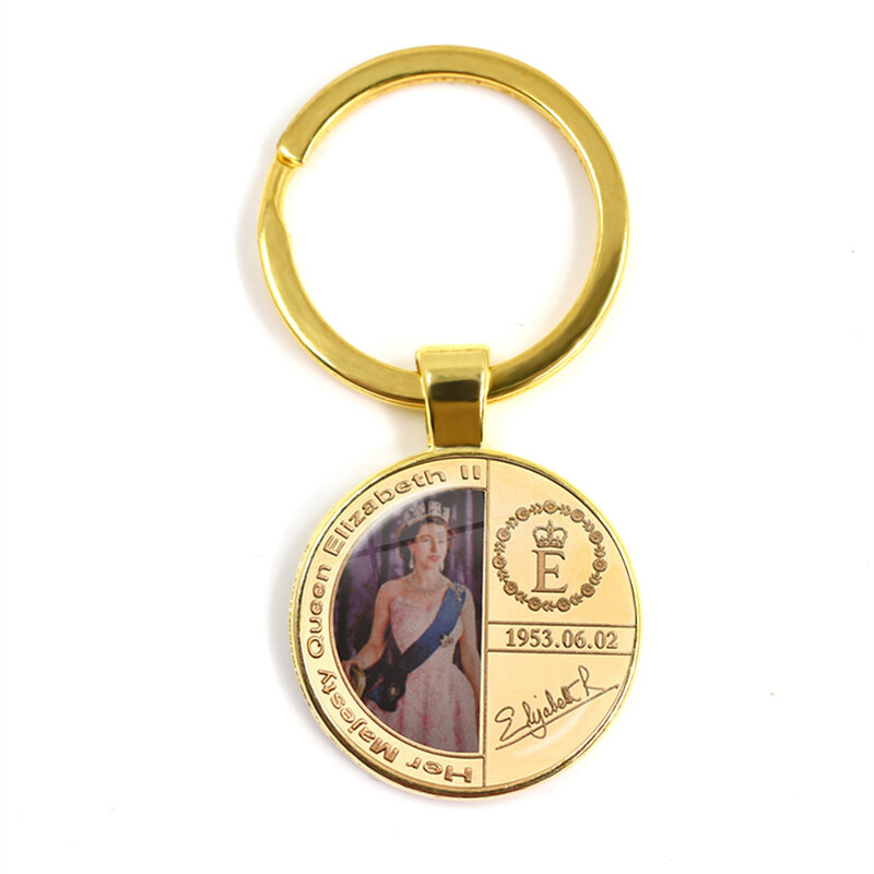 2022 königin Elizabeth II 70th Anniversary Münze Foto Glas Cabochon Keychain Gold Überzogene Metall-schlüsselanhänger Geschenk