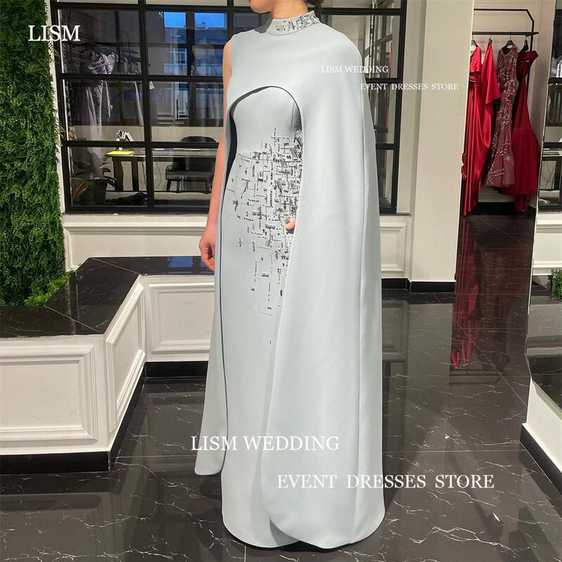 Lism elegante glitzer hellblaue abendparty kleider eine schulter lange meerjungfrau ballkleider mit umhang ärmel für saudi arabisch 2024