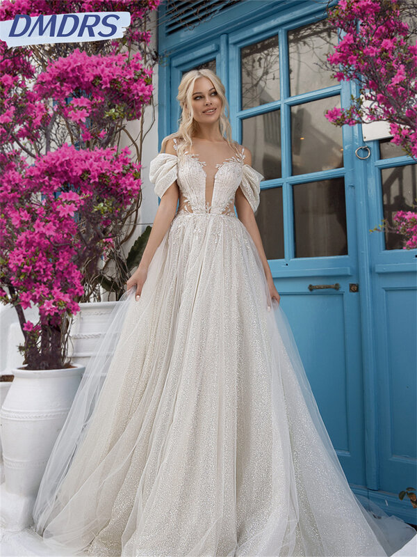 Charmantes kurzärmliges Brautkleid 2024 einfaches A-Linien-Brautkleid anmutiges boden langes Kleid aus Tüll vestidos de novia