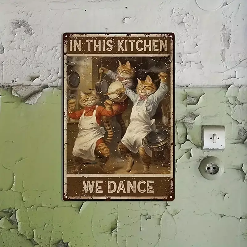 8x12 Inch Vintage Cat Kitchen Tin Sign - Whimsical Dancing Cat Artwork, Inspiring Cooking Poster, Durable Aluminum, Perfect Gift