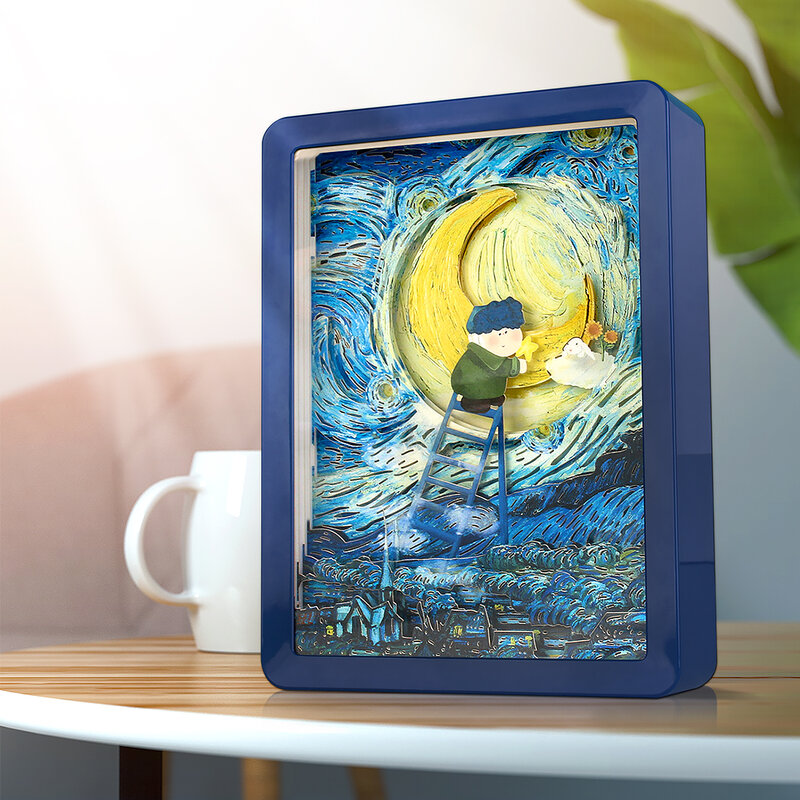 Van Gogh Night Light Anime Box lampada a Led fai da te scatola luminosa tagliata in carta 3D Shadow Box Frame Mood Light decorazione camera da letto regalo di compleanno