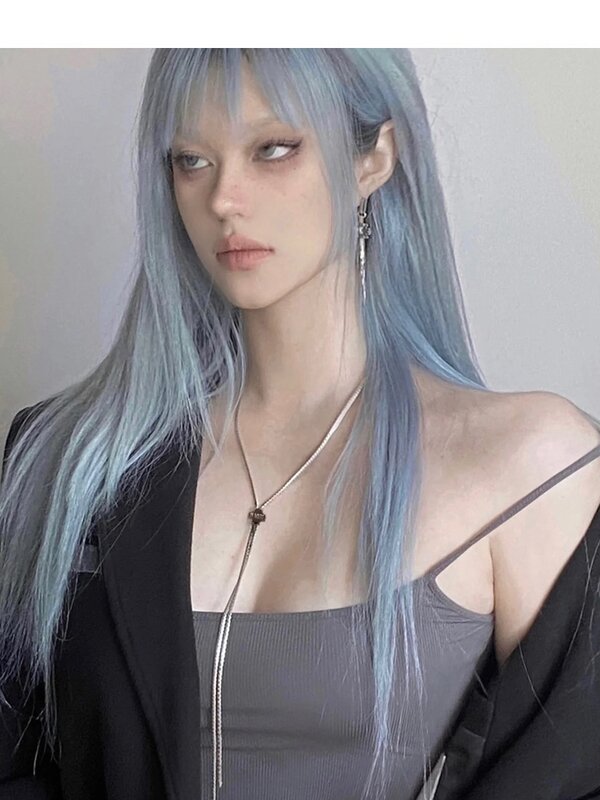 Синий женский парик из искусственных волос, двухмерная Лолита, длинные прямые волосы