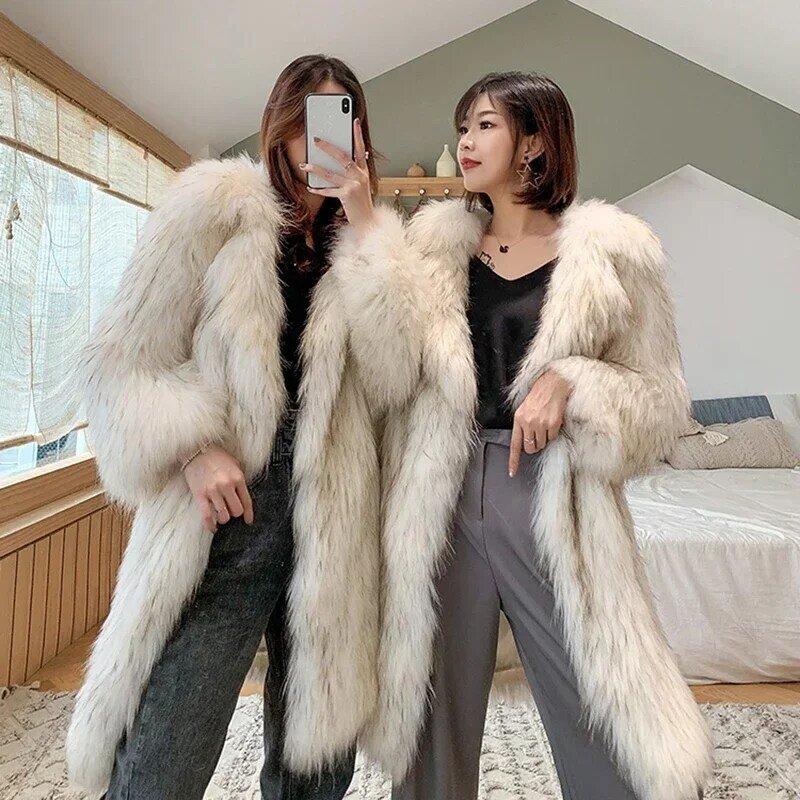 TPJB-Manteau long en fourrure de renard pour femme, coupe-vent de loisirs, vestes longues, raton laveur chaud, grande taille, hiver, nouveau