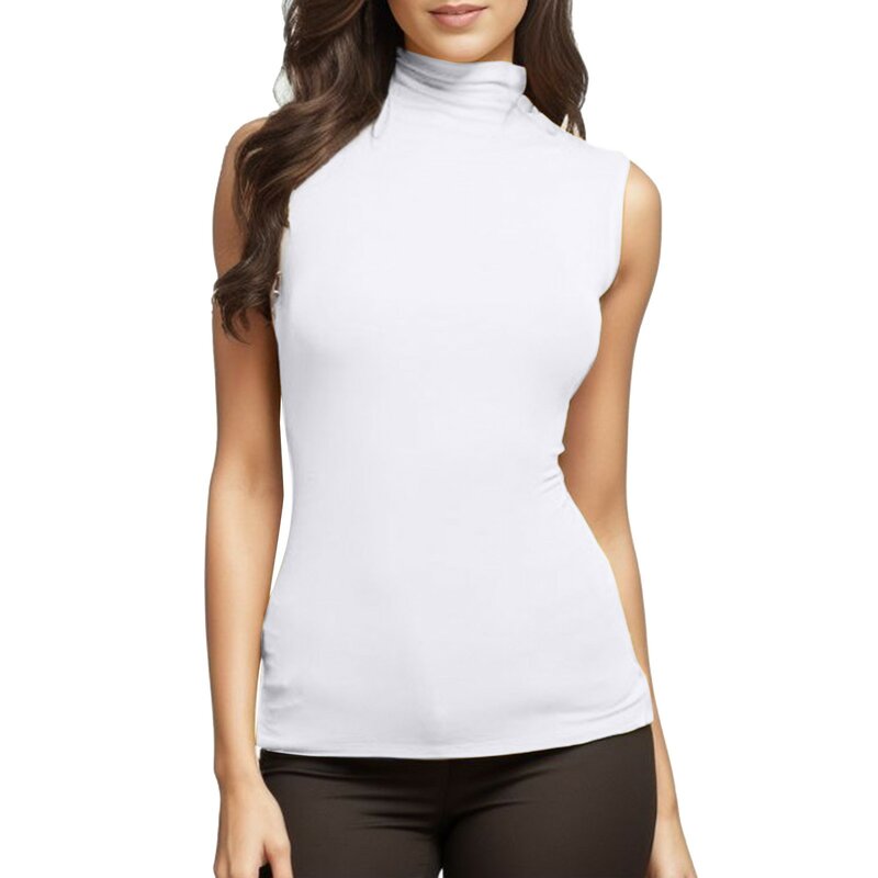 Camiseta de regata feminina casual verão, gola alta, sem mangas, colete de cor sólida, blusa feminina, camiseta slim fit, 2024