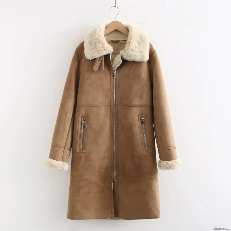 Abrigo largo de piel de oveja para mujer, chaquetas de piel sintética cálidas con cremallera, informales, color negro y caqui, para invierno