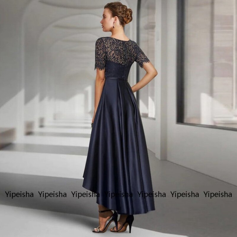 Gaun pengantin Yipeisha Satin rendah tinggi ibu dari pengantin gaun musim panas 2023 lengan pendek biru tua gaun wanita renda Mère Formelle jubah baru