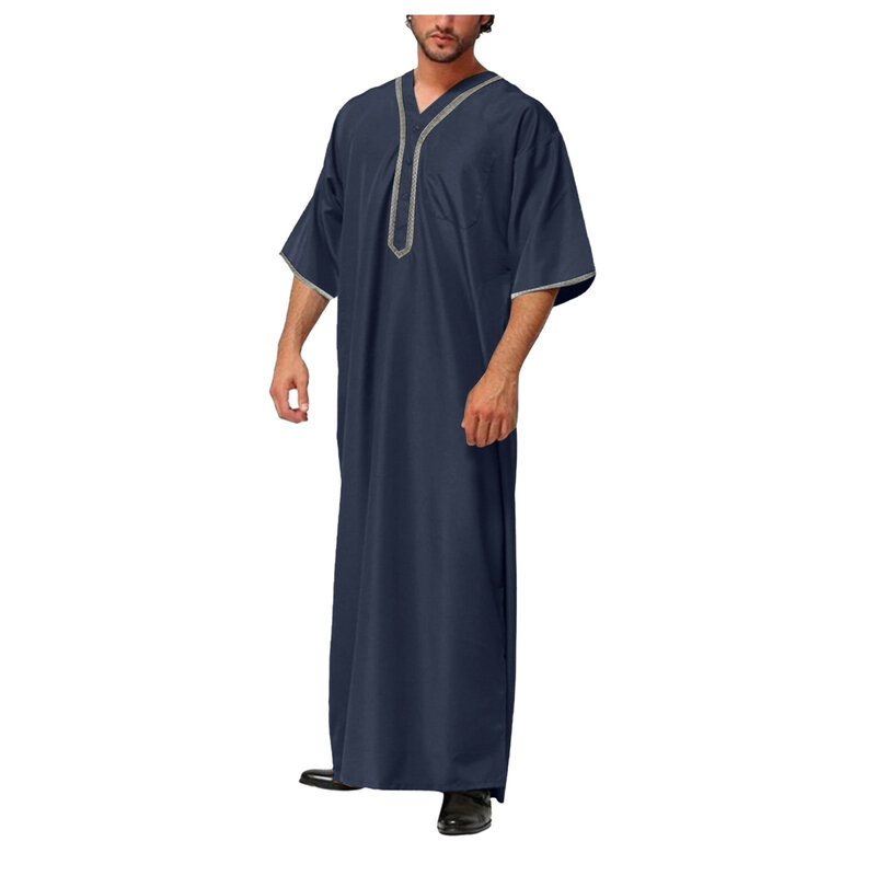 Muslim Men Jubba Thobe Solid Color Button Kimono Middle Robe Saudi Musulman Shirt Stand Collar Islamic Arabic Kaftan Men Abaya