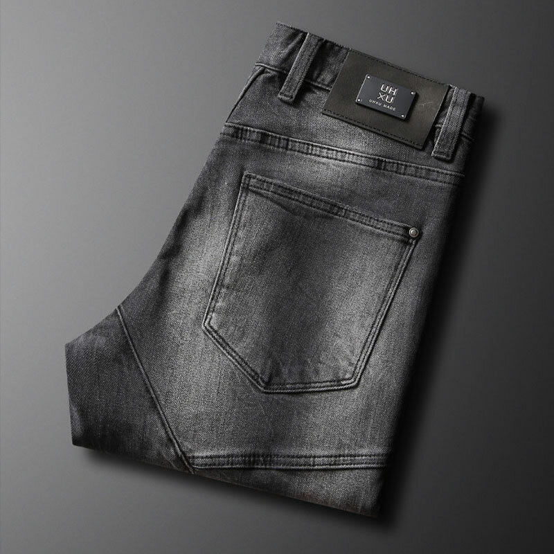 Jeans jeans retrô slim fit emendado masculino, calças de motociclista, jeans hip-hop, elásticos, preto, cinza, moda, designer, estilo de rua