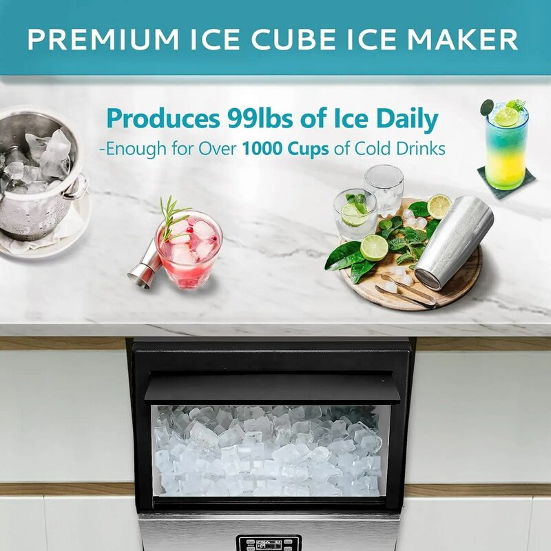 EUHOMY-máquina de hielo comercial, almacenamiento de hielo de 33 libras, Producción Diaria, acero inoxidable, independiente y bajo mostrador, 99lbs