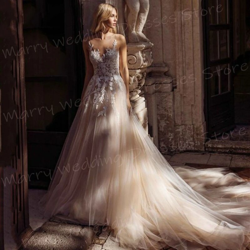 2024 Fascinating A Line Women's Wedding Dresses Popular Lace Appliques Bride Gowns Sexy Sleeveless Backless Vestidos De Novia