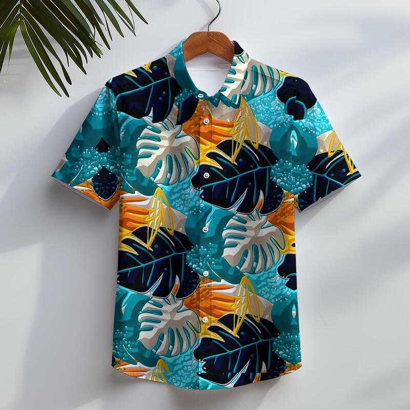 قمصان هاواي ثلاثية الأبعاد للرجال ، رسومات ورقة ، زر ، أكمام قصيرة ، طية صدر السترة ، ملابس الشارع ، النباتات ، أزياء الصيف