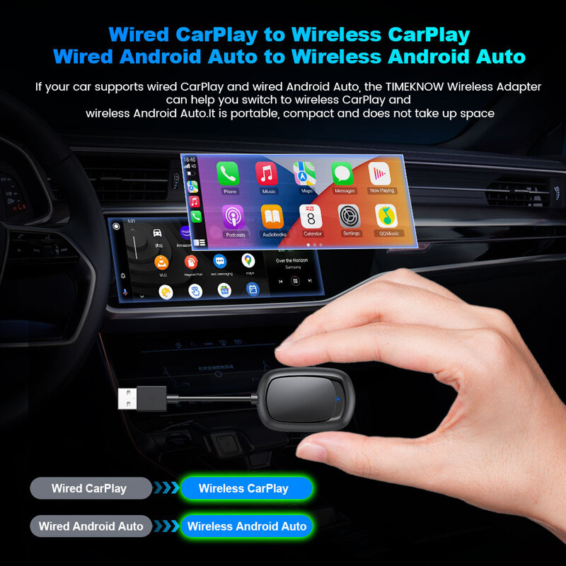 TIMEKNOW-Adaptador Auto Android CarPlay sem fio, Apple Car Play Dongle, Mini Ai Box, Toyota MG, Renault, Volvo, Audi, VW, Kia, 2 em 1