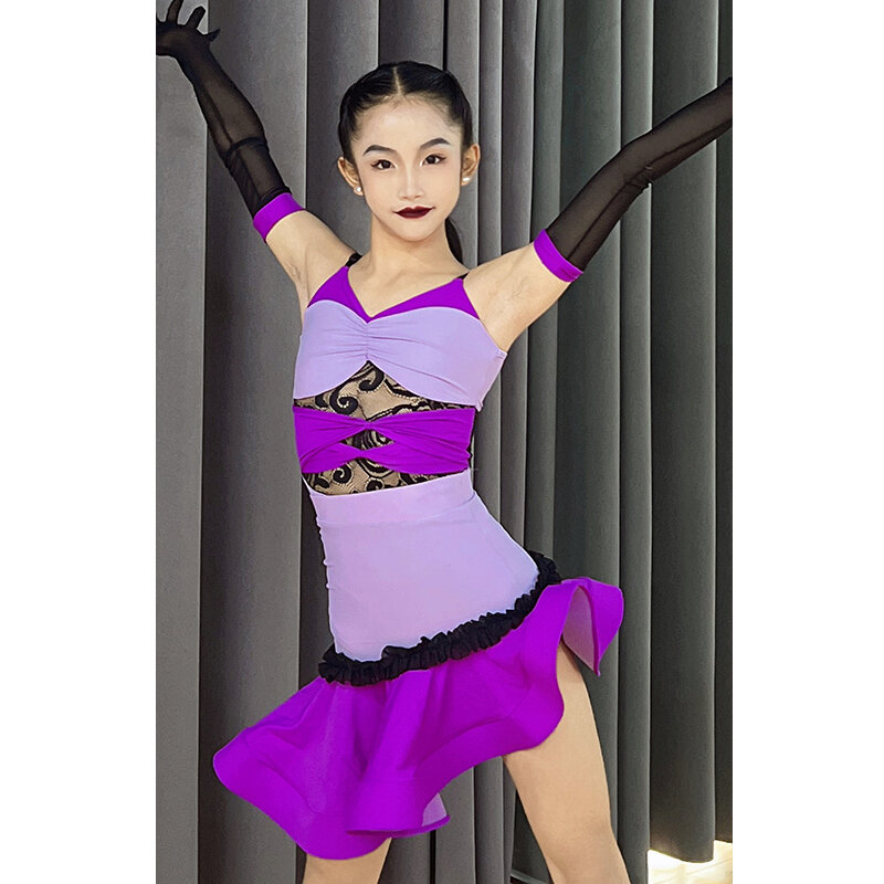 Abito da ballo latino in pizzo viola vestito da spettacolo per ragazze Cha Cha vestito da ballo per sala da ballo per bambini abbigliamento da pratica latina DNV20352