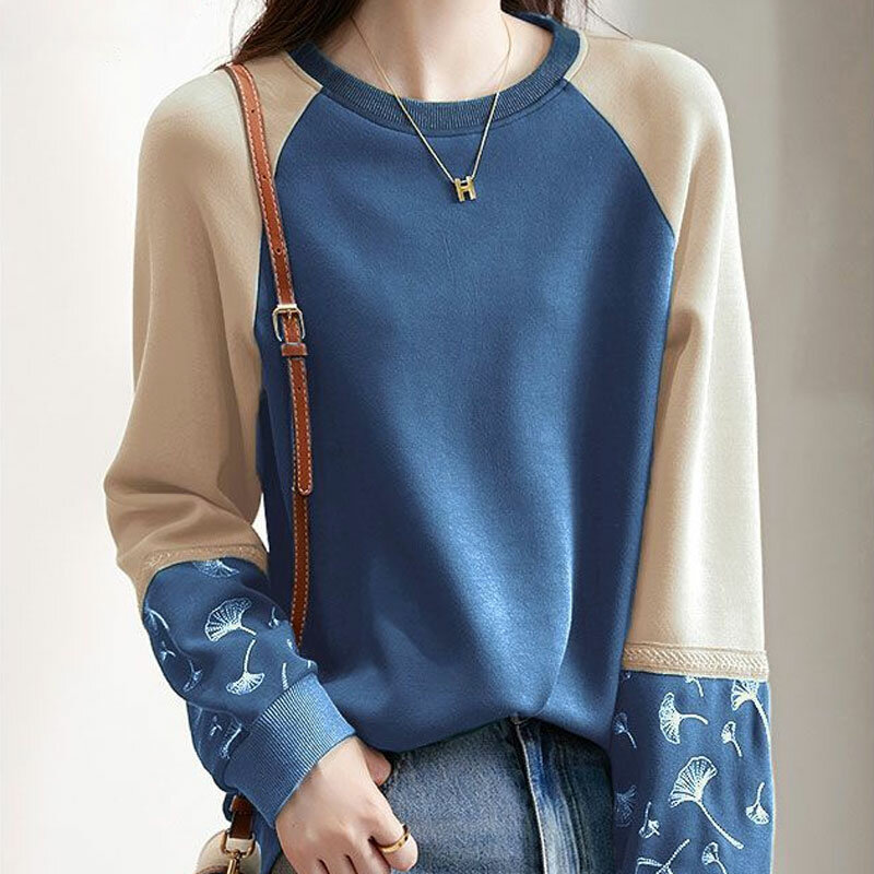 Streetwear moda planta impresso camisolas casual retalhos solto rosca em torno do pescoço primavera outono novo padrão pullovers