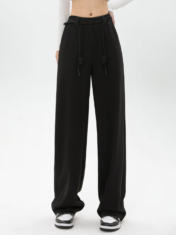 Pantalones de chándal de cintura alta para mujer, pantalón de pierna ancha con cordón, informal, holgado, moda coreana, ropa de calle gris Y2K, 2023