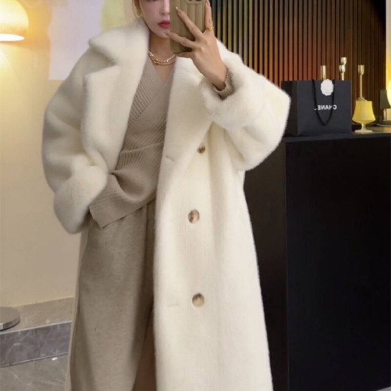 Imitazione pelliccia di visone soprabito donna inverno addensare termico doppio petto cappotto di pelliccia sintetica lungo sottile moda Casual Outwear 2023 nuovo