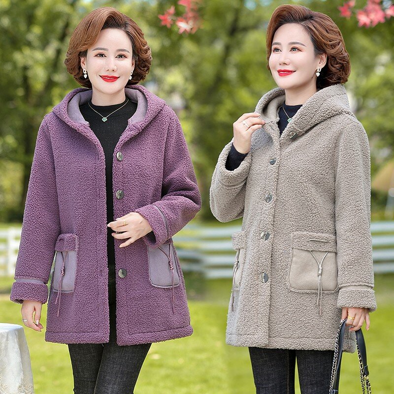 女性のためのフード付きベルベットコート,ゆったりとしたコート,暖かく,中年女性のグレイン,女性のジャケット,冬の服