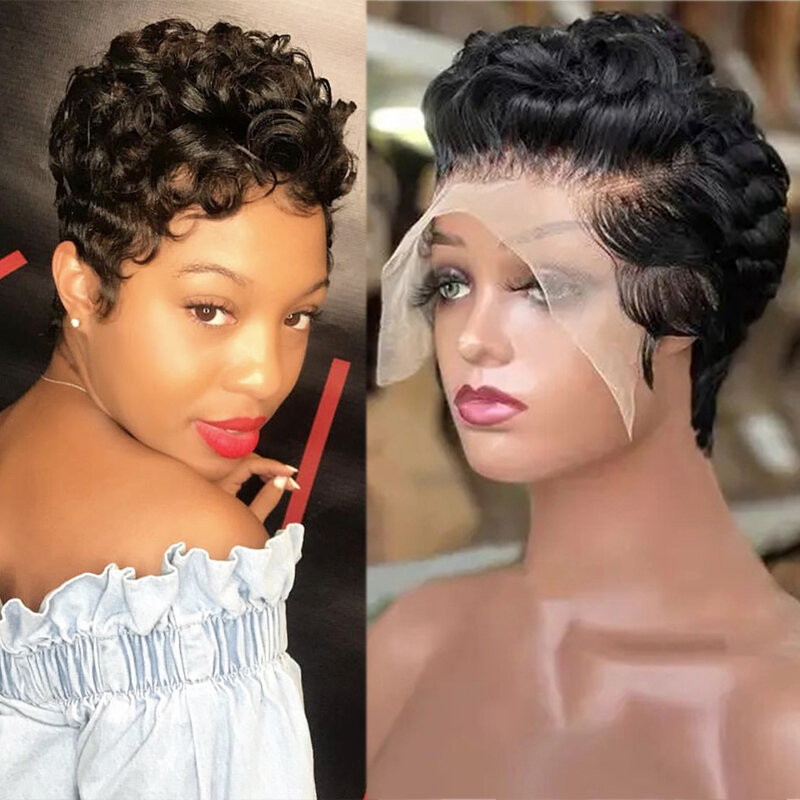 Peluca de cabello humano rizado 100% para mujeres negras, pelo corto Bob Pixie, corte Pixie #350, encaje 99J Frontal de color, 13x4