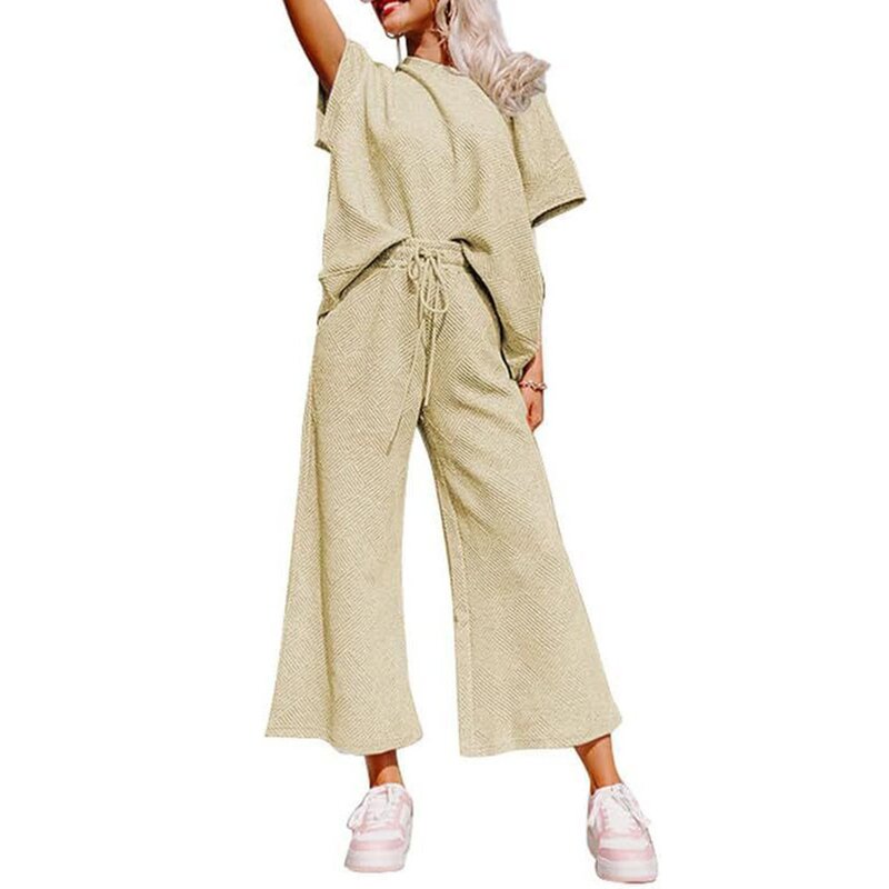 Solid Color Texture Loose Women Sets Two Piece 2024 O-Neck T-shirt+Drawstring Pants Outfits Summer Short Sleeve Trousers Suit