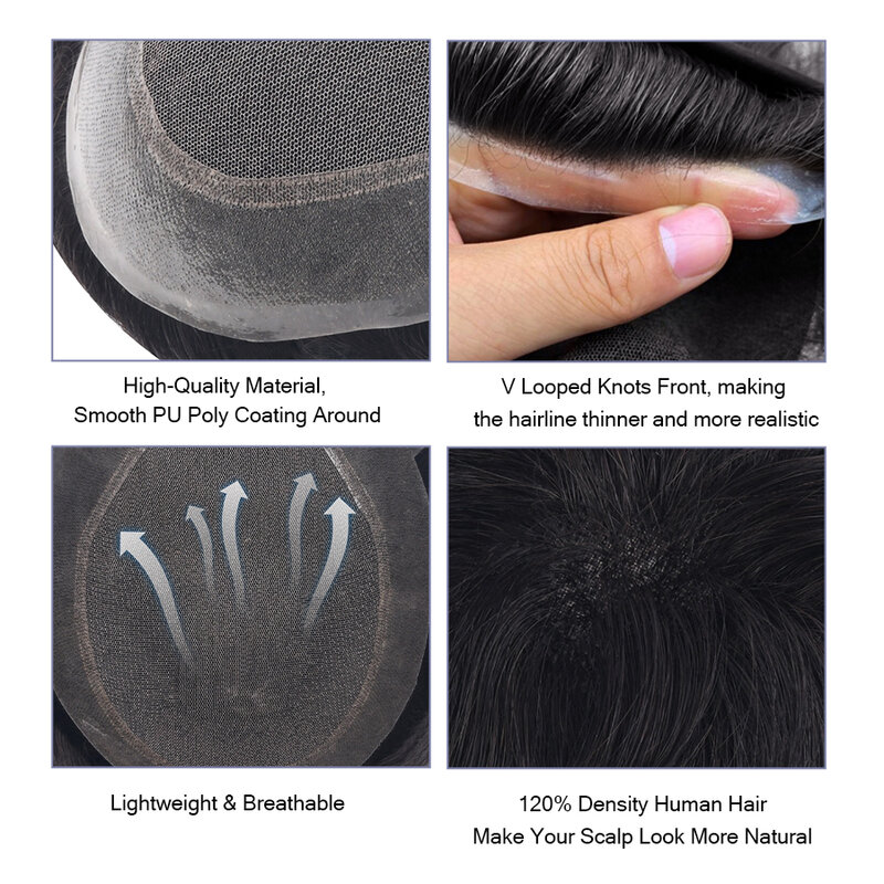 AW-tupé con Base de encaje y PU para hombres, peluca masculina transpirable, cabello humano 100%, prótesis capilar para hombres, sistemas de reemplazo Exhuast