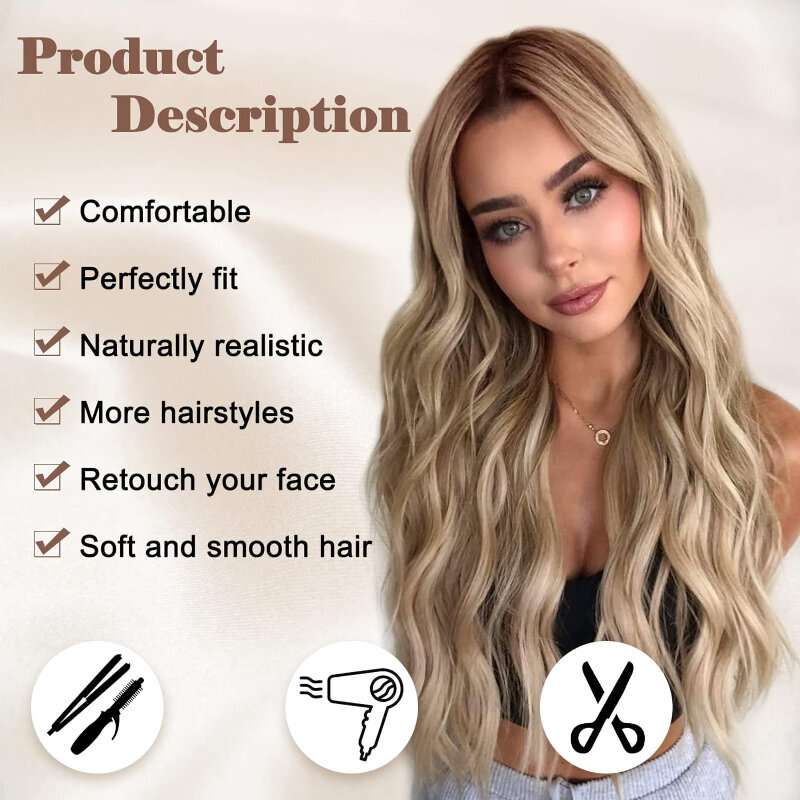Long Gradient Blonde Wavy Wig for Women 26 Inch Curly Hair Natural Looking Synthetic Heat Resistant Fiber Wigs for Daily Use