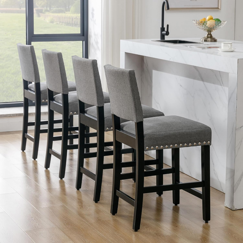 DAGONHIL 24-calowy stołki barowe zestaw 4, stołki o wysokości blatu, taborety tapicerowane tkaniną z plecami i drewnianą nogą, jadalnia bez ręki