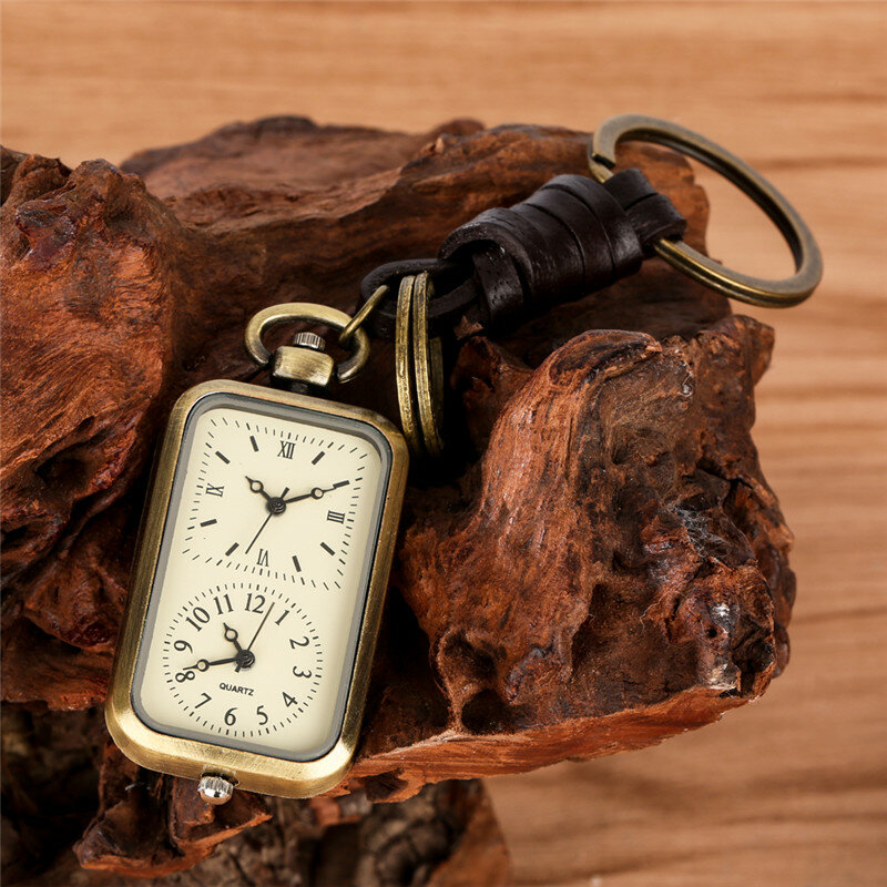 Old Fashion Dual Time Zone Clock Rectangle Shape Men Women Quartz Analog Pocket Watch Pendant Key Ring Timepiece Gift