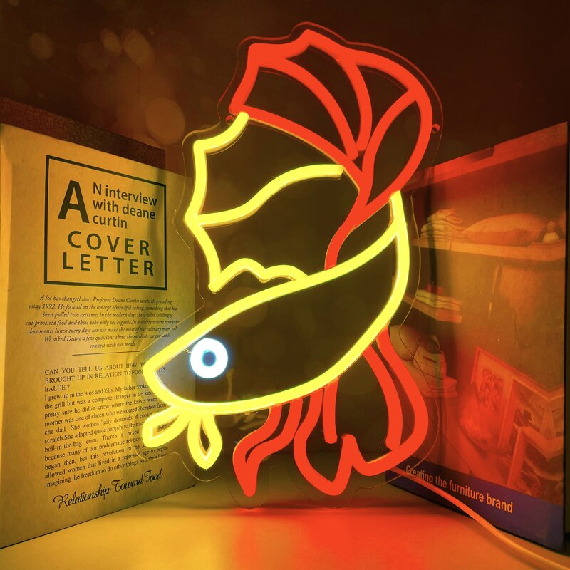 Lampu ikan mas, tanda Neon ikan keberuntungan, untuk dekorasi dinding 8.5*14,2 inci, untuk Bar, restoran, kantor, Ruang Tamu