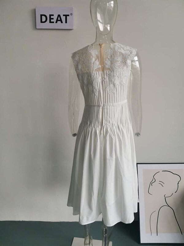 DEAT-vestido de noche blanco sin mangas para mujer, traje elegante bordado con encaje en la cintura, plisado con flores, a la moda, 13DB421, primavera 2024