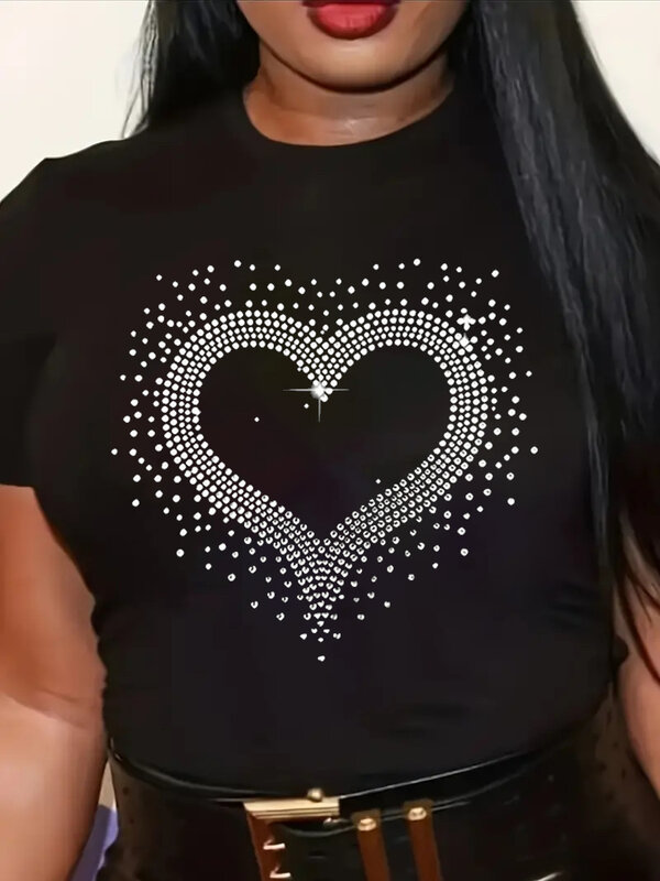 Camiseta de gran tamaño con diamantes de imitación para mujer, camisa negra de manga corta con cuello redondo, elástica, holgada, talla grande, elegante, 2024