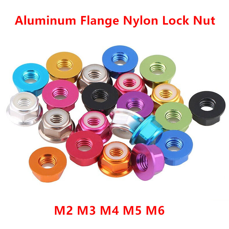 10pcs M2 M3 M4 M5 M6 Aluminum Flange Nylon Lock Nut Anodized Red/black/ blue/ light blue/ orange/ golden/purple/pink/sliver/grey