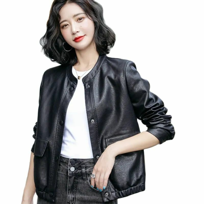 Primavera autunno colletto alla coreana giacca in pelle femminile 2023 nuove donne abbigliamento in pelle moda cappotto corto moto capispalla