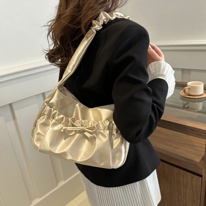 Bow Pleated Hand Bag Casual Portable Korean Style INS Shoulder Bag Luxury Satin Fashion Underarm Bag Girls