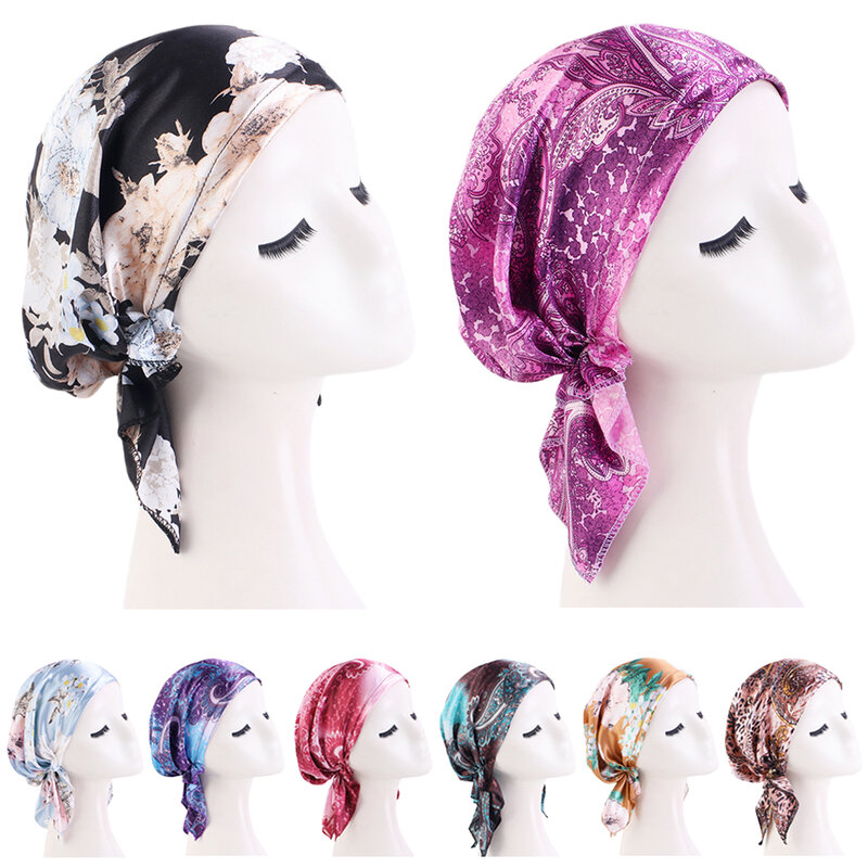 New Satin Print Night Sleep Cap Women Silk Turban Headscarf Muslim Hijab Head Cover Hair Loss Chemo Cap Durag Beanies Bonnet Hat