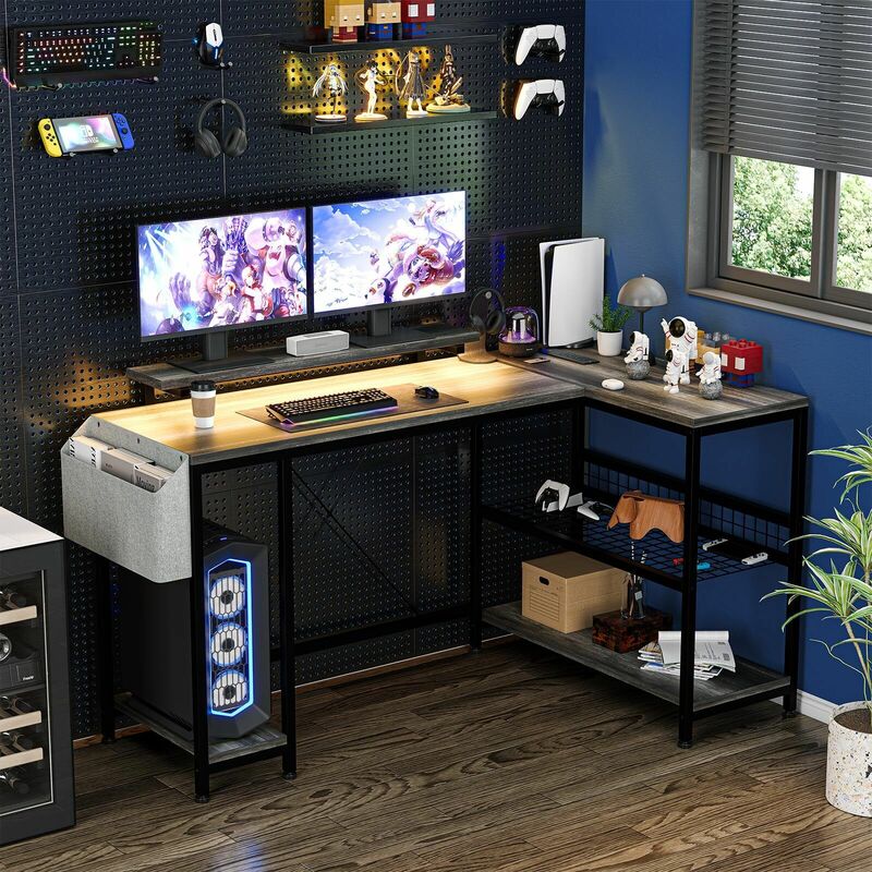 L Shaped LED Gaming Computer PC Corner Office Desk Monitor Stand Storage Shelves