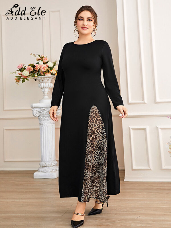 우아한 여성 드레스, 플러스 사이즈 2022 부드러운 가을 스티치 레오파드 디자인 통근복 o-넥 세련된 긴 소매 의류 B1064