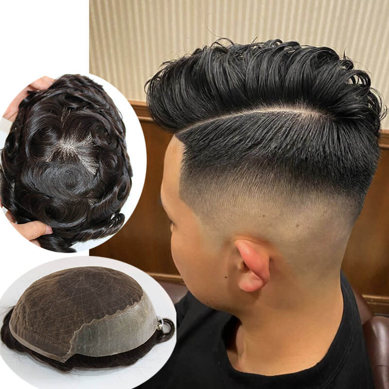 #1B Black Super Q6 Swiss Lace&PU Around 100% Human Hair Men Toupee Breathable Lace Front Man Hairpieces Undetectable SALE