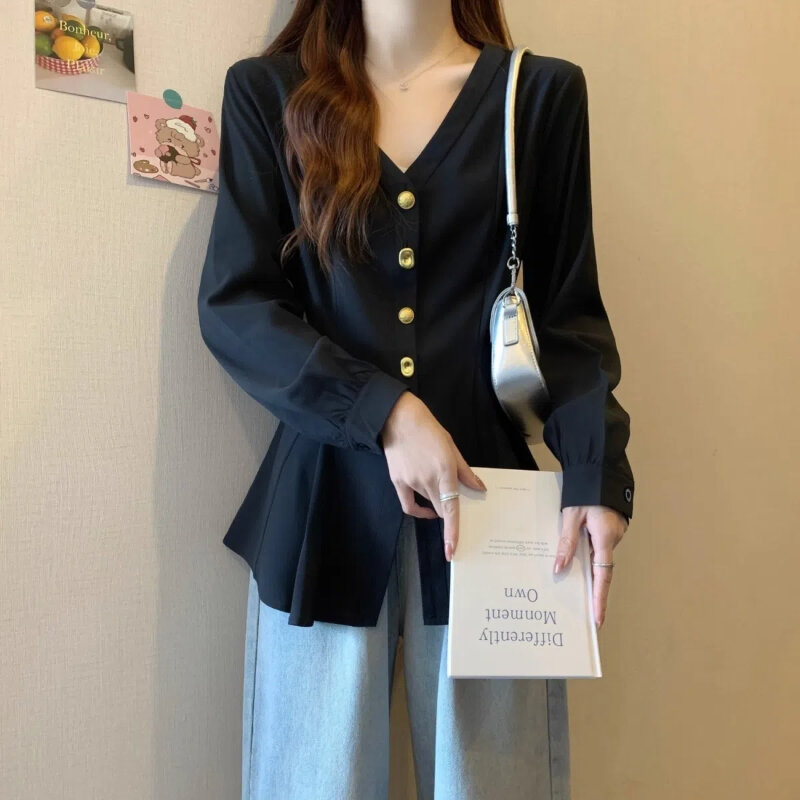 Cardigã feminino solto com decote em v, camisas de manga comprida, blusas monocromáticas, roupas casuais, estilo coreano, primavera, outono, nova moda