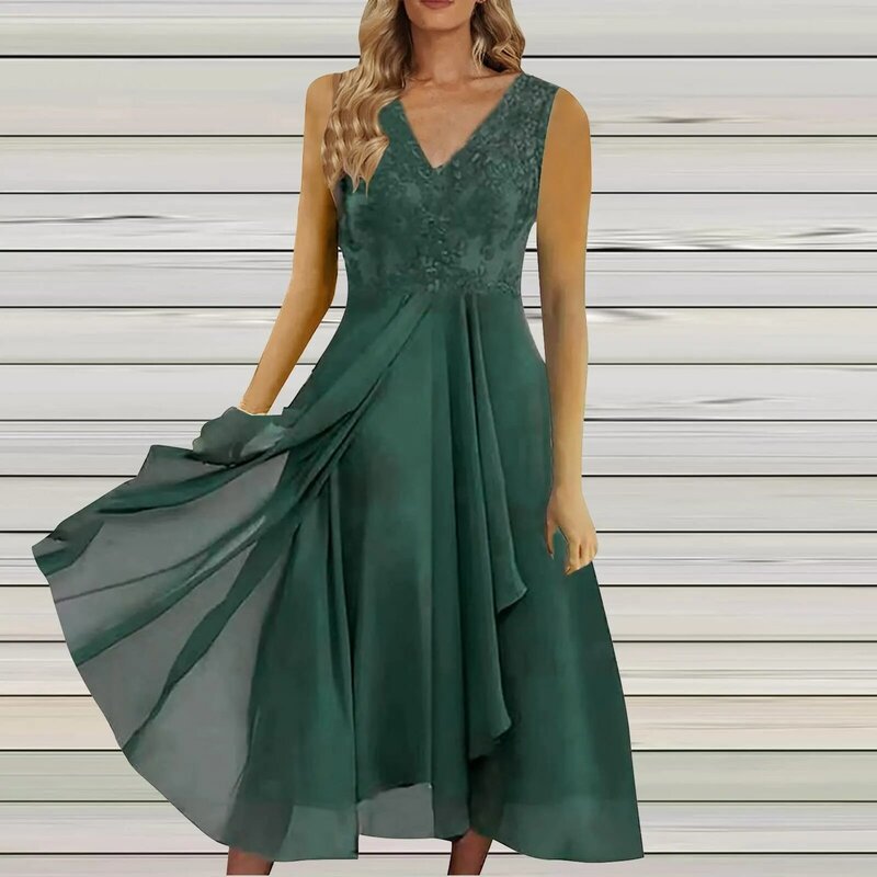 2024 baru gaun pesta malam renda elegan wanita gaun tanpa lengan kerah V wanita Vintage ayunan besar gaun Midi Gaun panjang Halloween