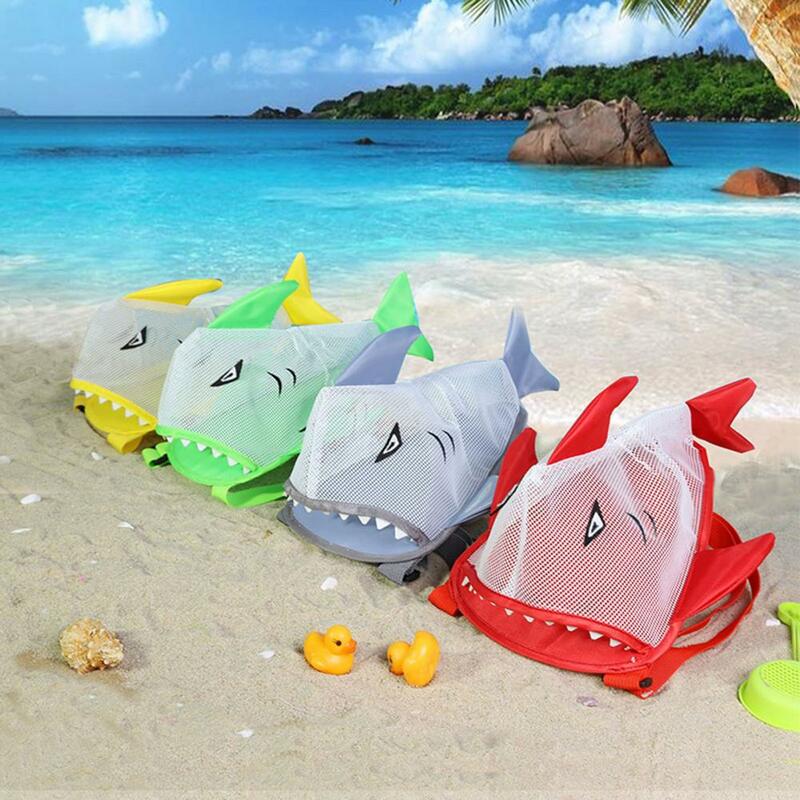 Bolsa de playa con forma de tiburón de dibujos animados para niños, diseño de malla transpirable, juguetes, Concha, bolsa de almacenamiento, organizador de herramientas de arena para niños