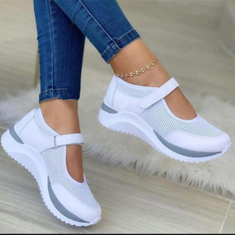 Round Head Knitted Women's Thick Sole Single Shoes Women's Large Size 36-43 Grid Casual Women's Shoes Sneakers Women