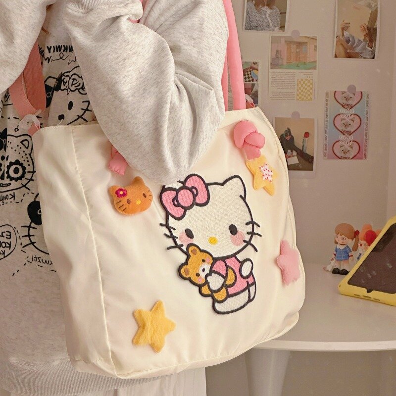 MBTI Hello Kitty Womens Tote Bag Embroidery Nylon Large Capacity Cute Cartoon Shoulder Bag Casual Commuter Travel Female Handbag